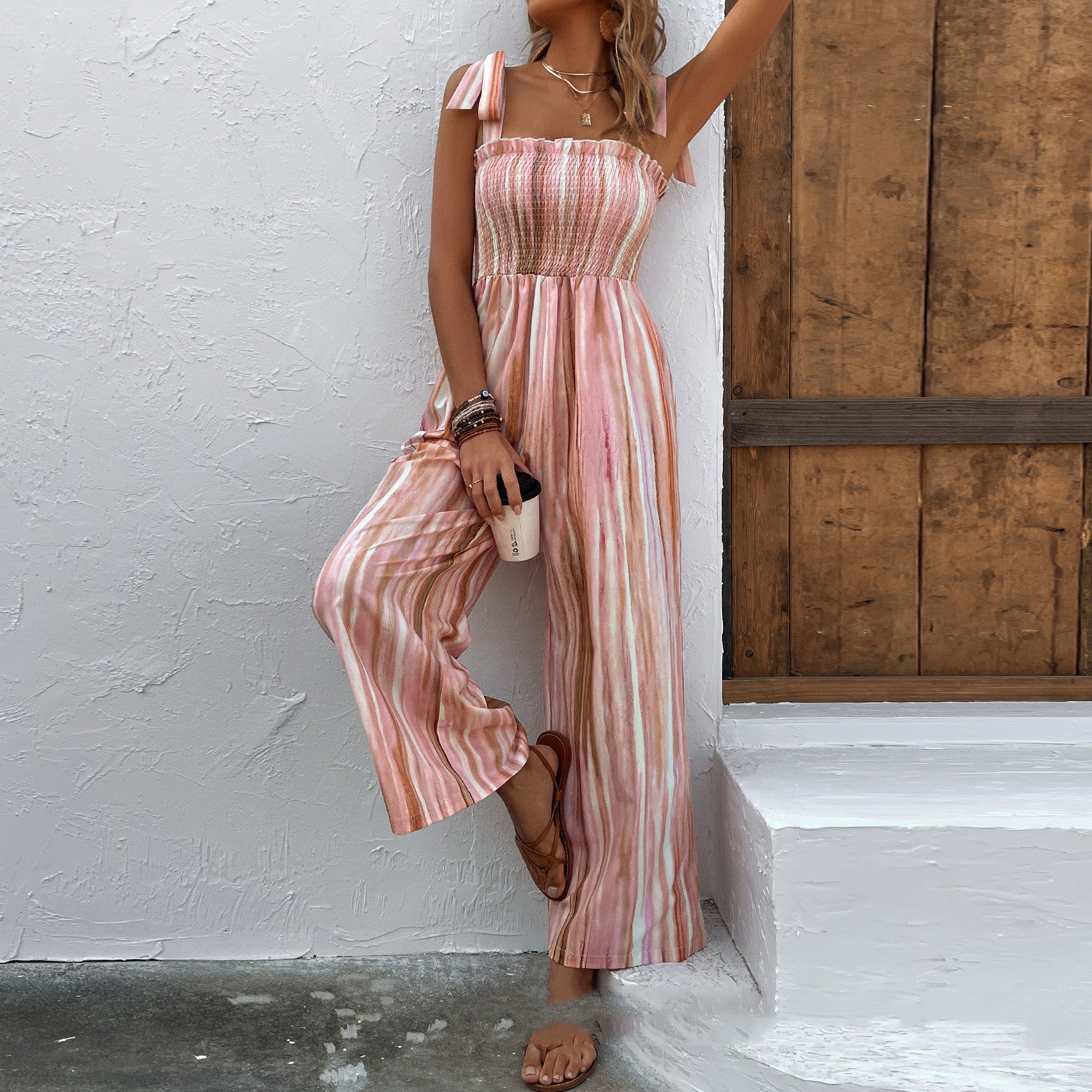 Chic Shirred Strappy Wide-Leg Jumpsuit - Comfortable & Stylish