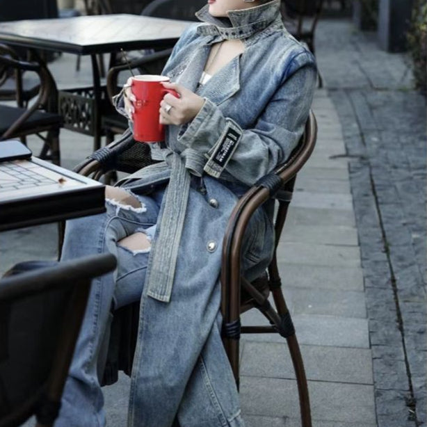 Retro Belted Denim Trench Coat