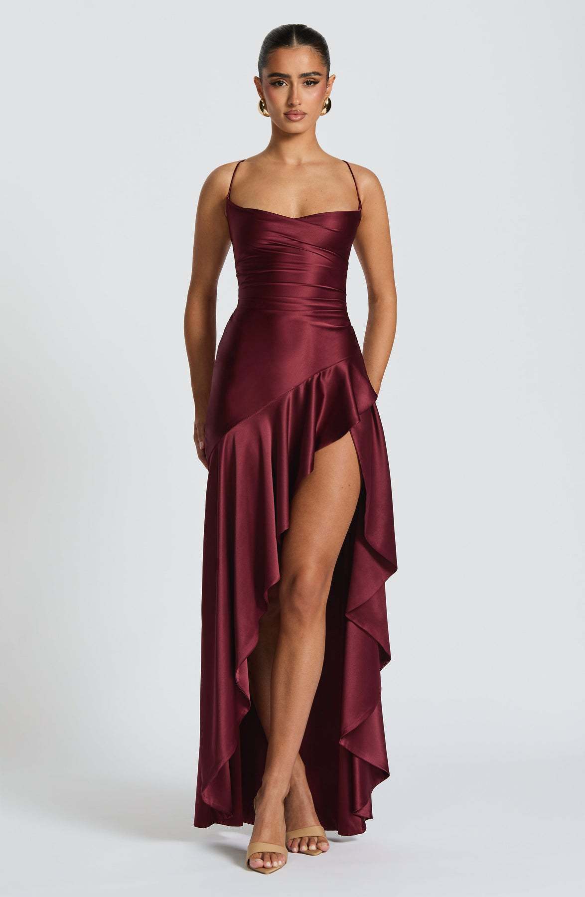 Glamorous Backless Ruffled High-Slit Maxi Dress for Evening Wear