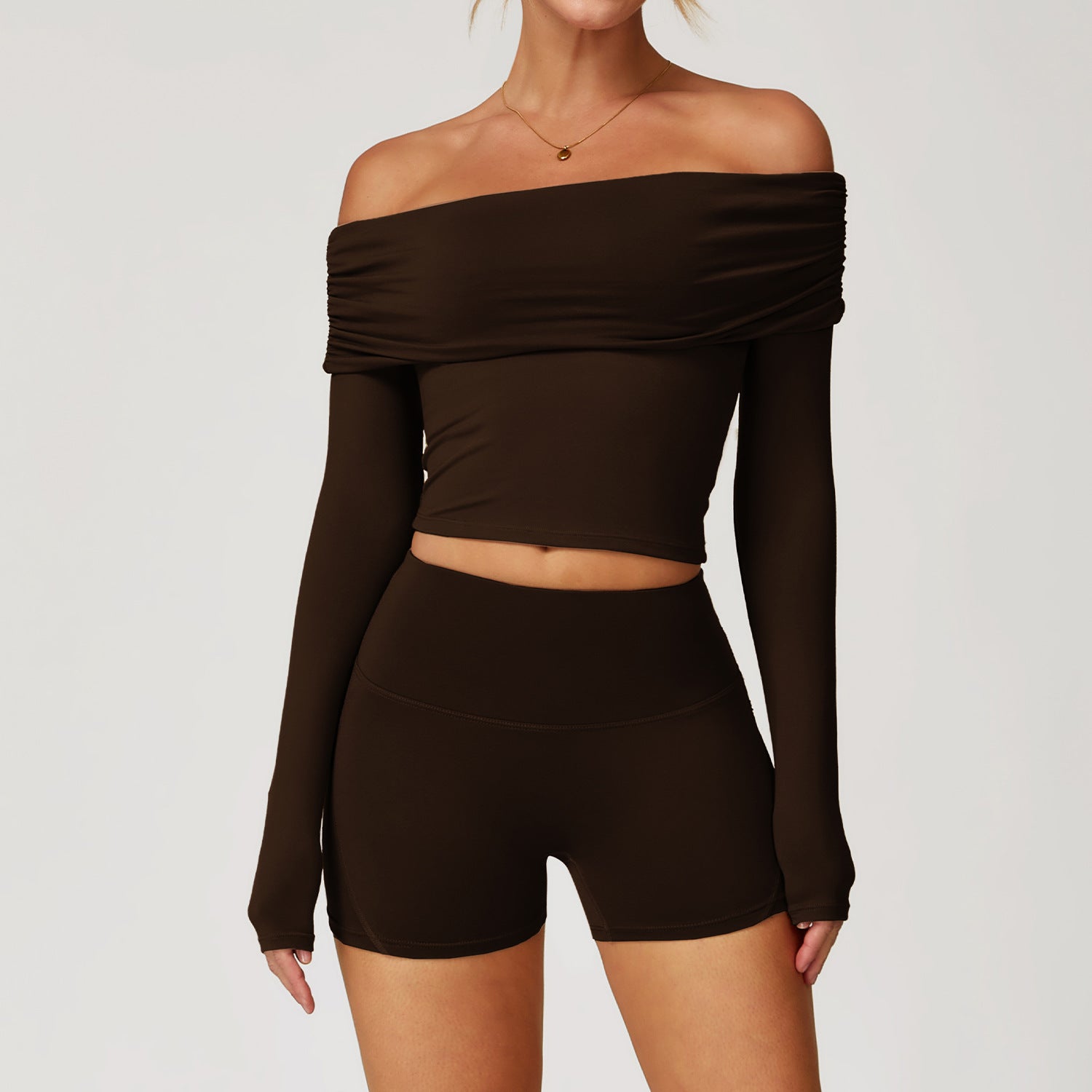 Effortless Off Shoulder Long Sleeve Crop Top and High Waist Shorts Set