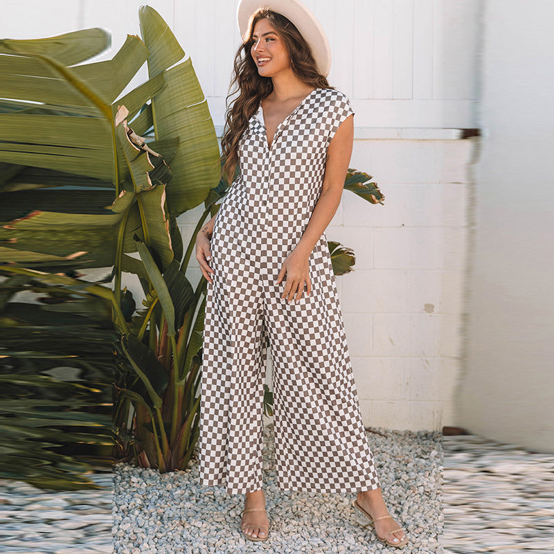 Loose Wide Leg Checkered Jumpsuit - Casual & Trendy
