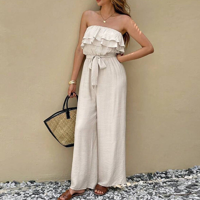 Effortless Ruffled Tube Top Jumpsuit with Tie Waist Wide Leg Design for Summer