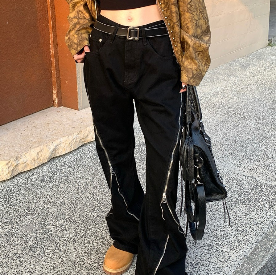Black Baggy Zipper Jeans - Edgy Streetwear Style