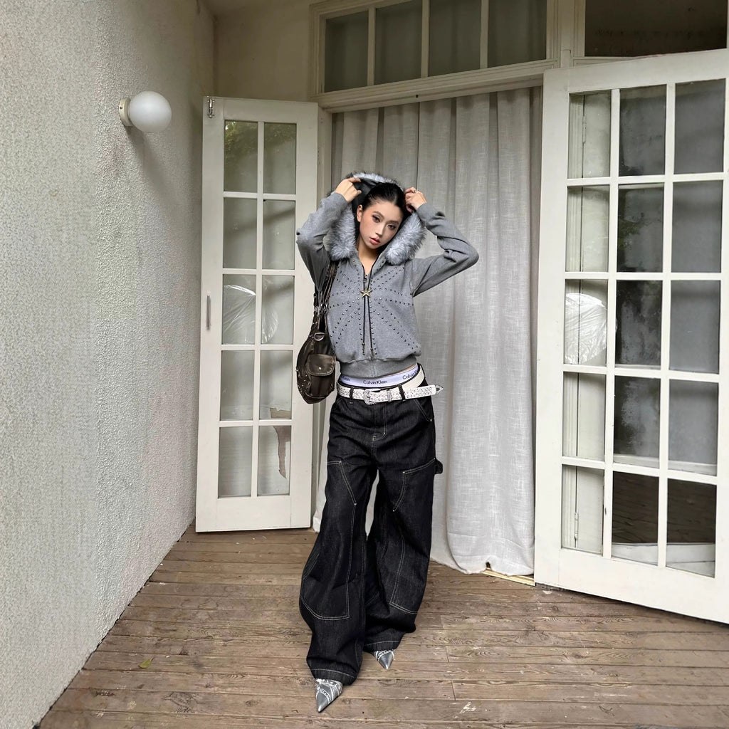 Trendy Studded Full Zip Hoodie with Faux Fur Trim and Pockets