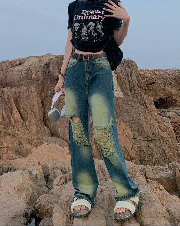 High-Waist Distressed Wide-Leg Denim Jeans