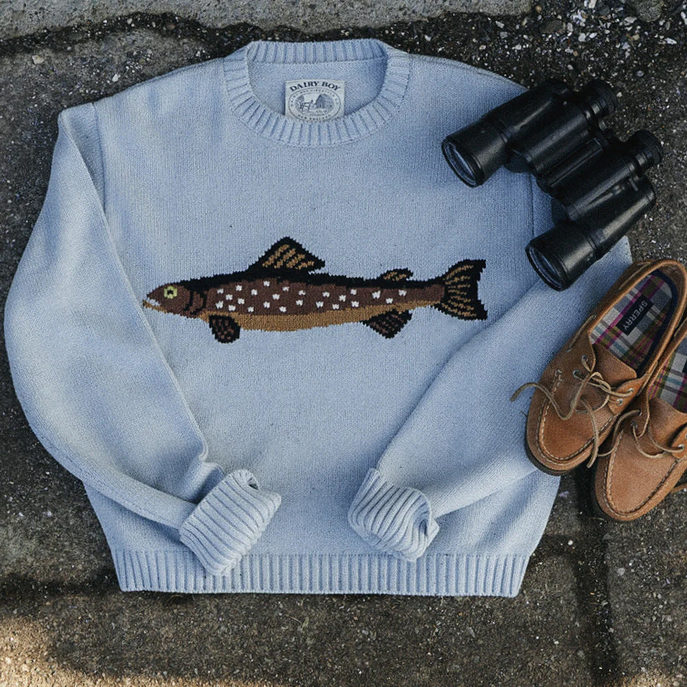 Relaxed Fit Casual Knit Pullover with Whimsical Fish Design