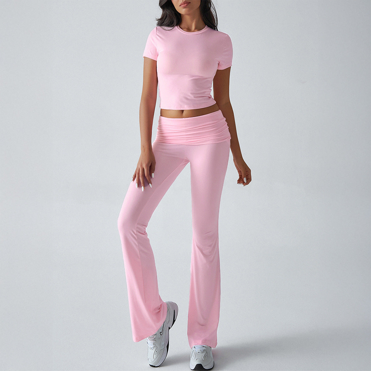 Comfortable Solid Color Short Sleeve Crop Top and Flared Leg Pants Co ord Set