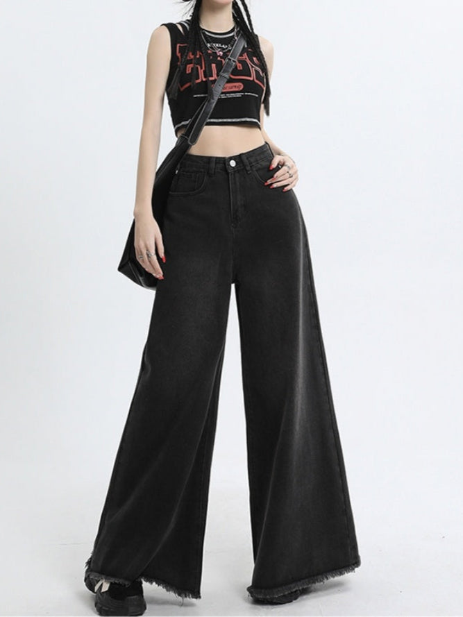 Women's High Waist Wide Leg Jeans - Retro Raw Hem Style