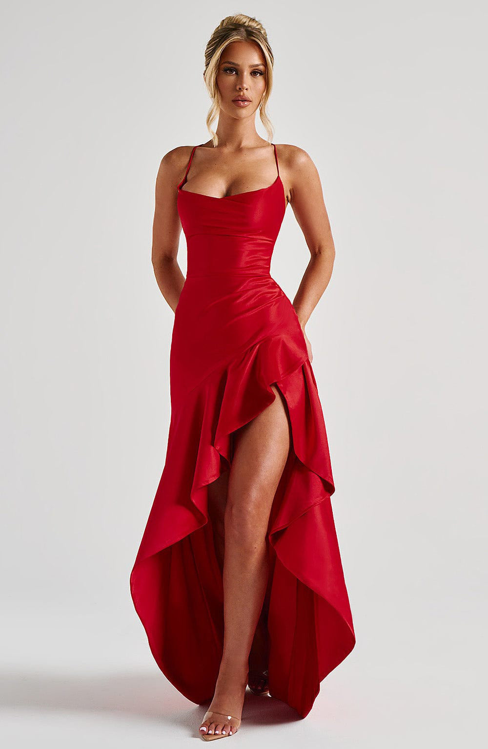 Glamorous Backless Ruffled High-Slit Maxi Dress for Evening Wear