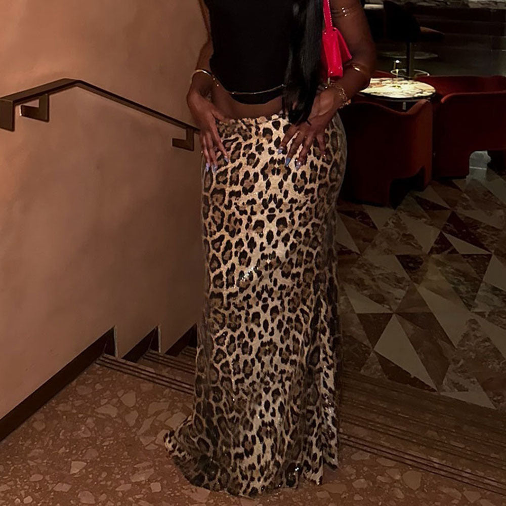 Stunning Leopard Print Sequin Maxi Fishtail Skirt