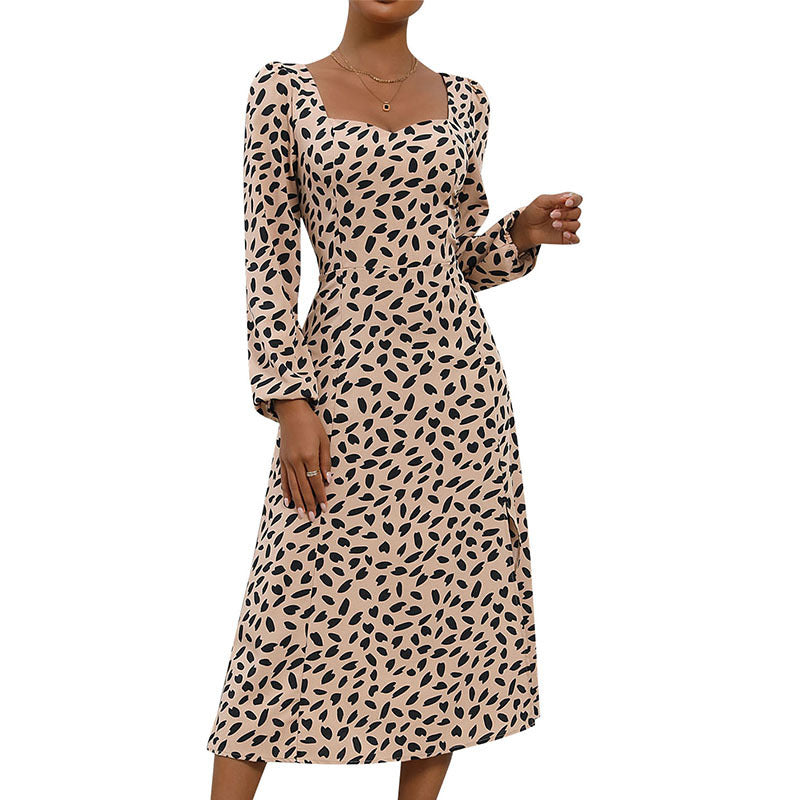Chic Long Sleeve Leopard Print Midi Dress with Square Neckline