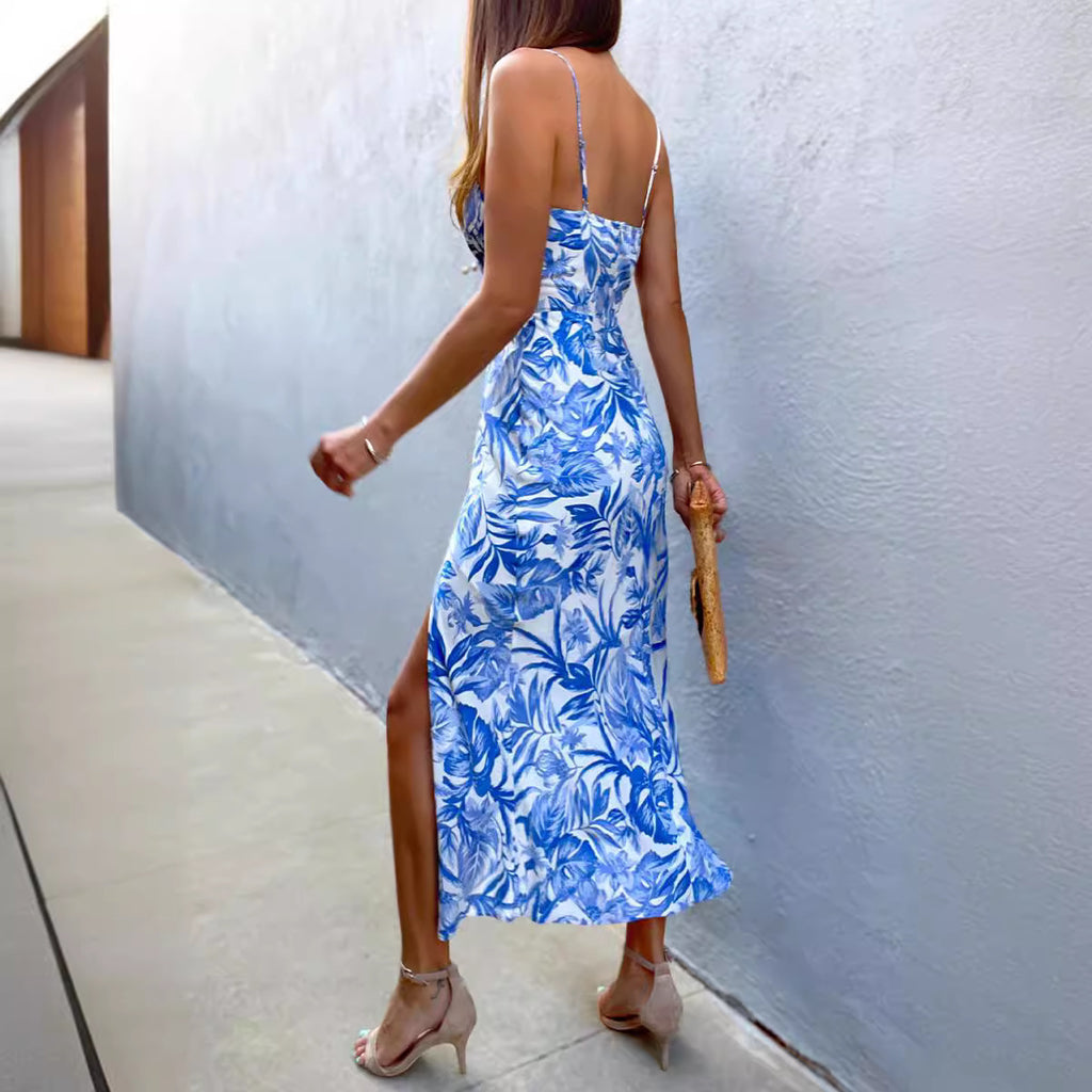Elegant Blue Floral Print Sleeveless Midi Dress with Thigh Slit