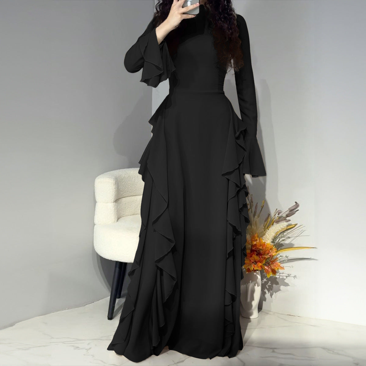 Women's Elegant Bell Sleeve Dress - Ruffle High Waist Gown