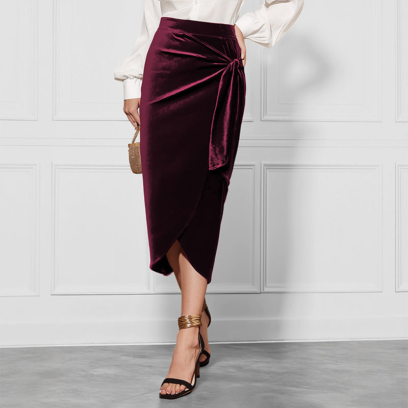 Elegant Velvet Midi Skirt with Chic Twisted Front and Split Hem