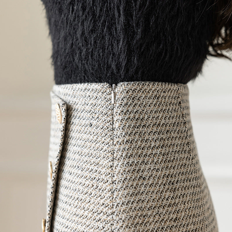 Chic High Waist Herringbone Wool Blend A-Line Short Skirt