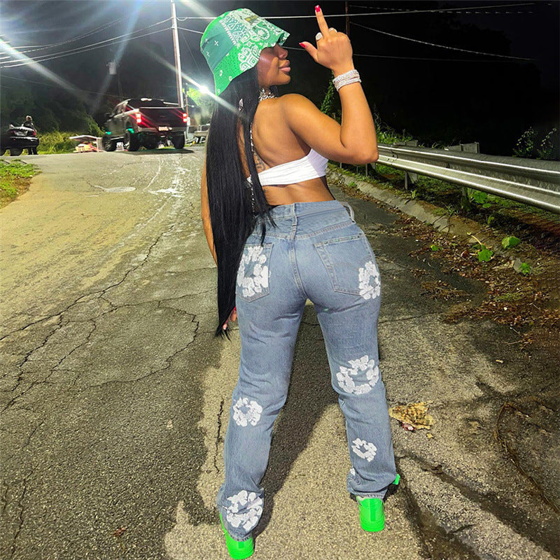 Trendy Floral Print High Waist Straight Jeans