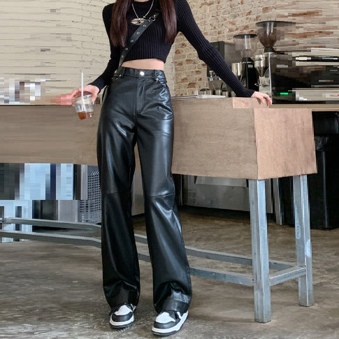 Women's High Waist Faux Leather Pants - Wide Leg Trousers