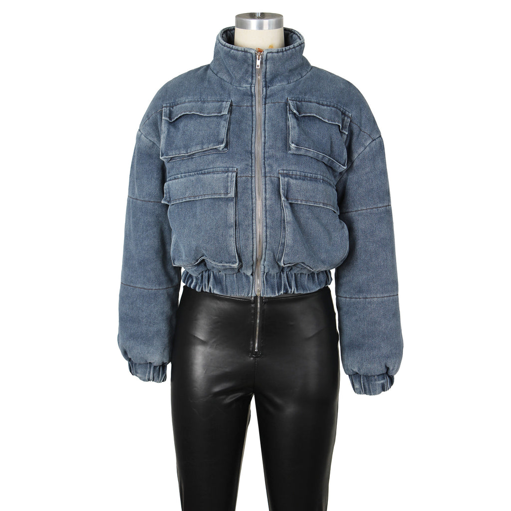 Urban Chic Padded Denim Bomber Jacket with Utility Pockets