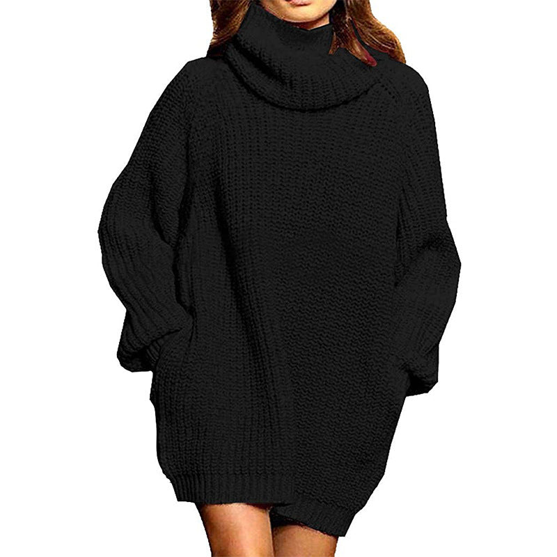 Cozy Oversized Long Sleeve High Neck Knit Sweater Dress with Convenient Pocket