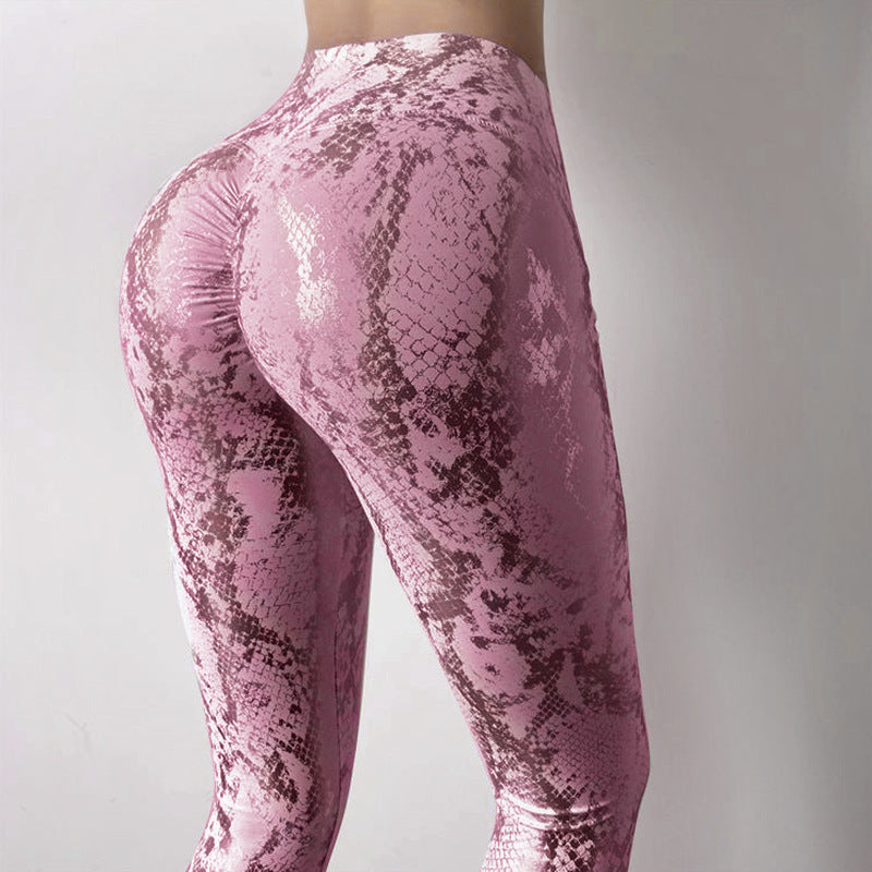 Snakeskin Pattern High-Waist Fitness Leggings with Peach Lift Design