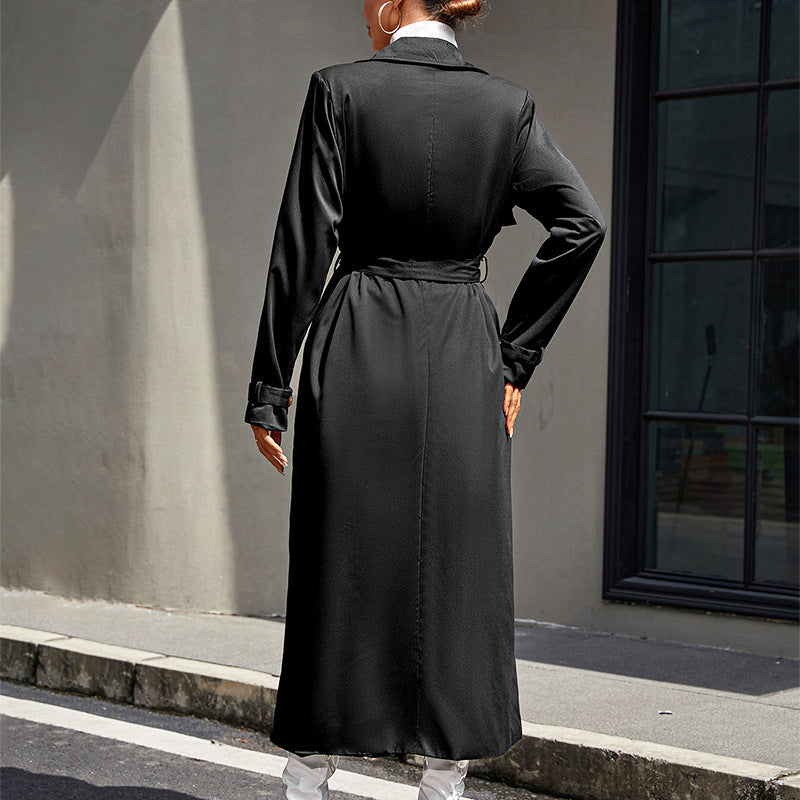 Chic Black Belted Trench Coat for Women - Classic Mid-Length Outerwear