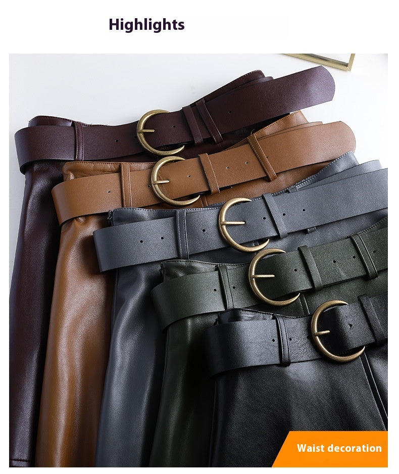 Elegant A-Line Faux Leather Midi Skirt with High Waist and Belt for Women