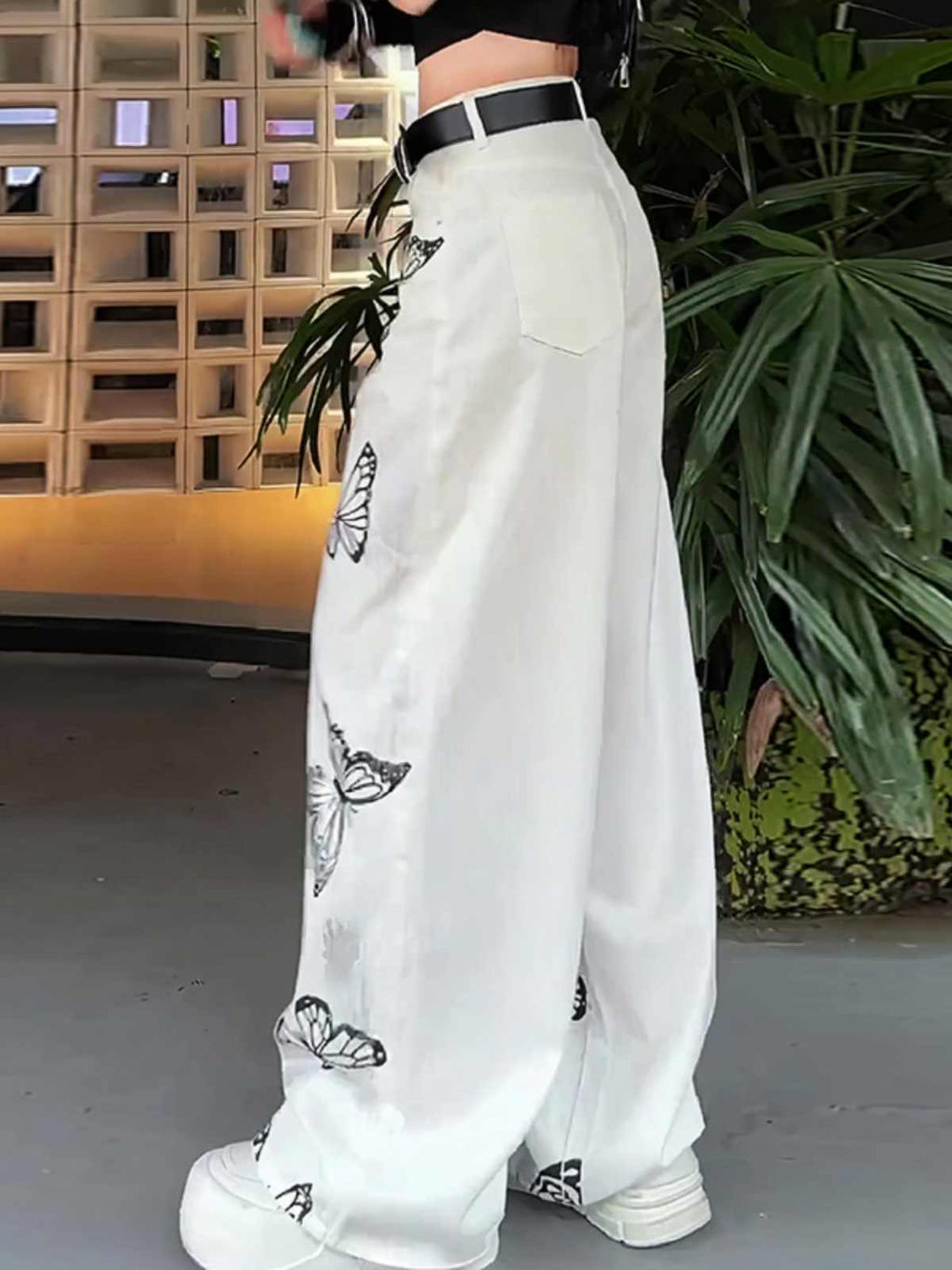 Women's Butterfly Print Wide Leg Pants - Casual Trousers