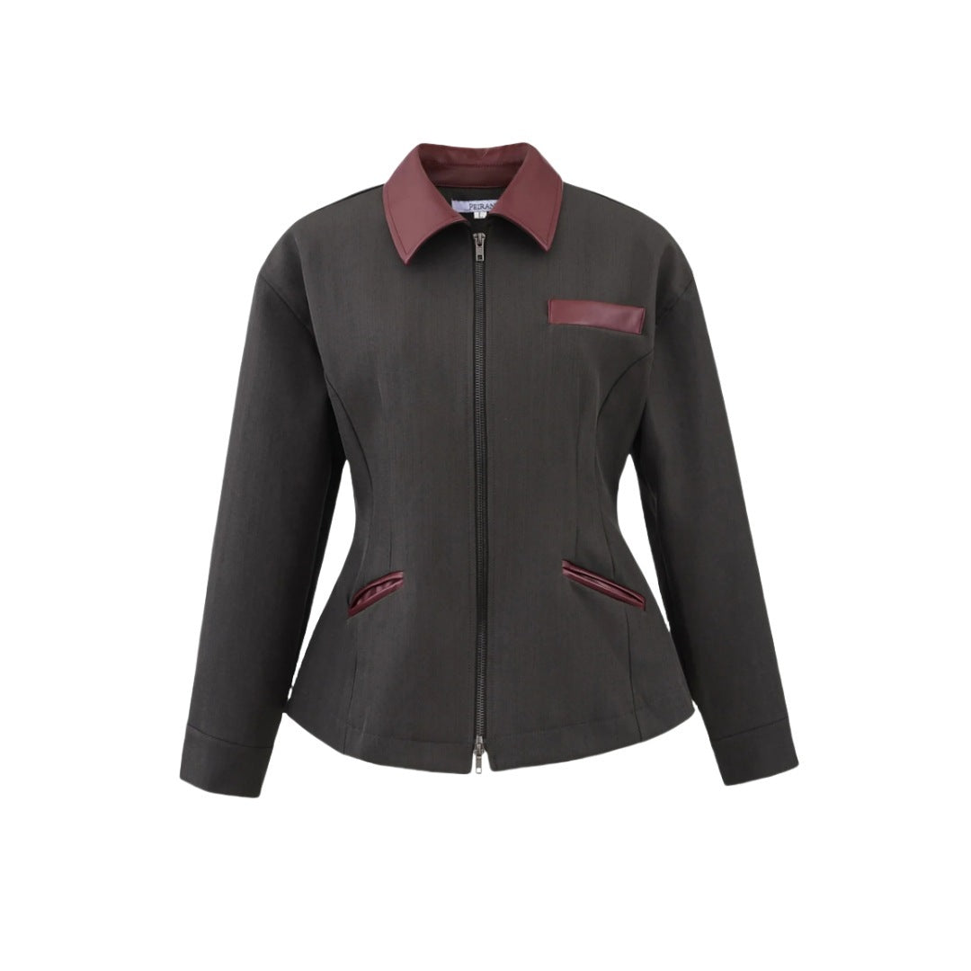 Retro Contrast Lapel Faux Leather Waist-Sculpting Biker Jacket with Zipper Detail