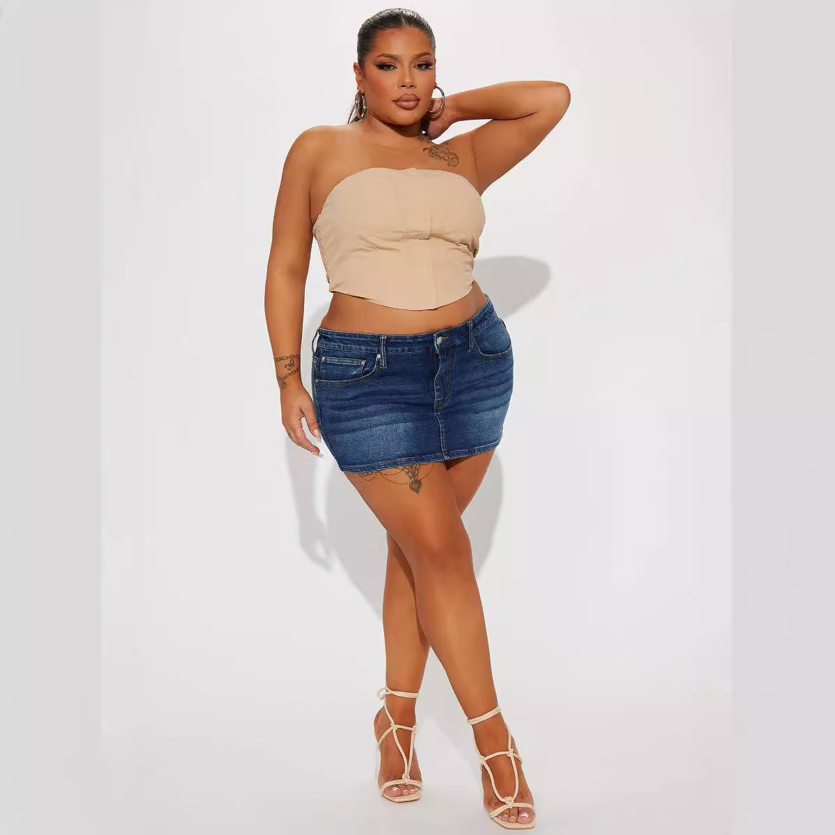 Women's Stretch Denim Mini Skirt - High Waisted Short Skirt