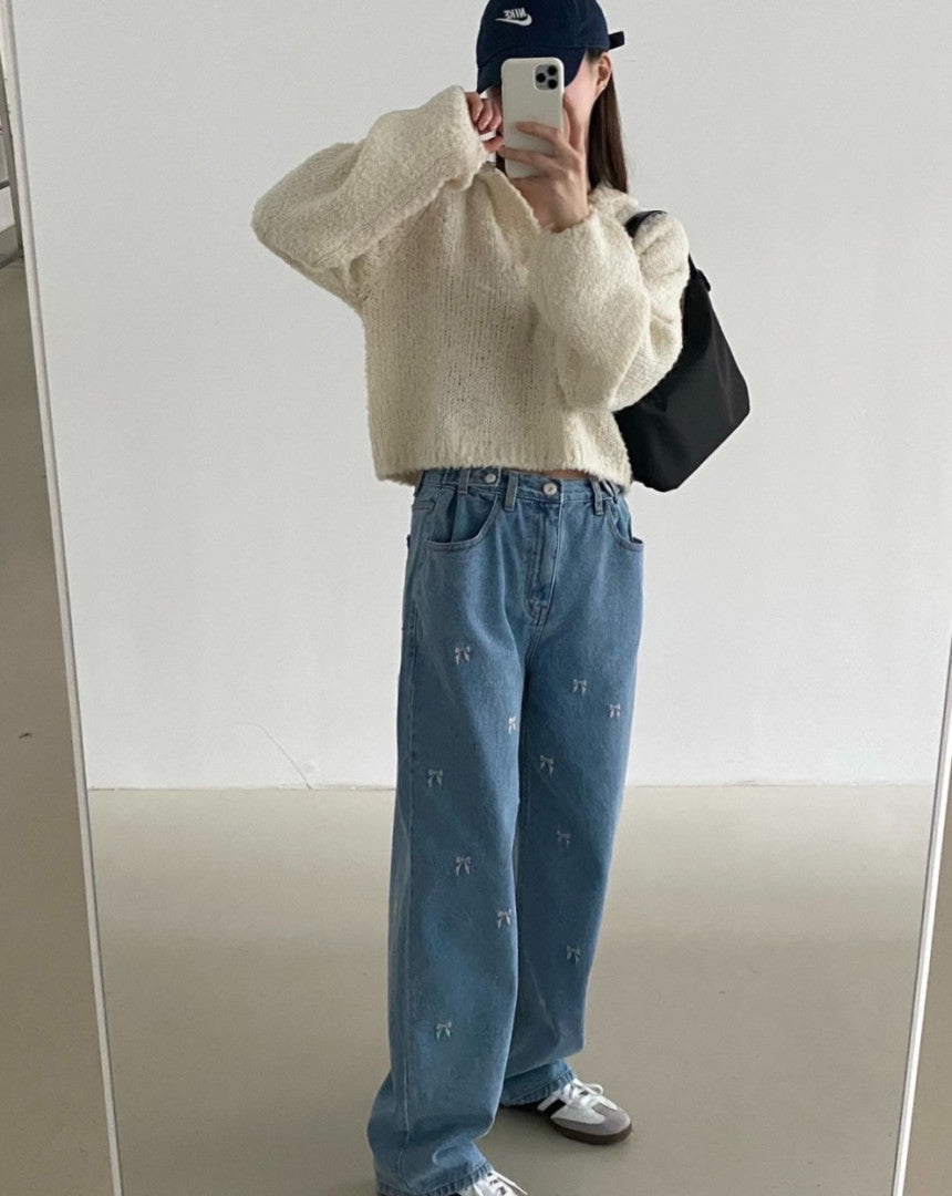 High Waist Bow Embroidered Wide Leg Jeans