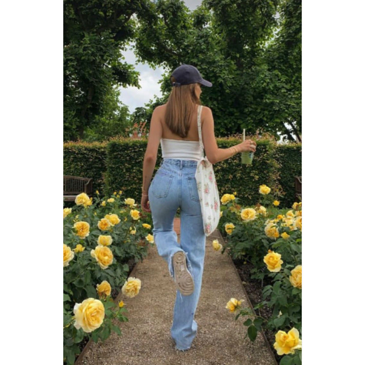 High Waist Ripped Wide Leg Light Wash Denim Jeans