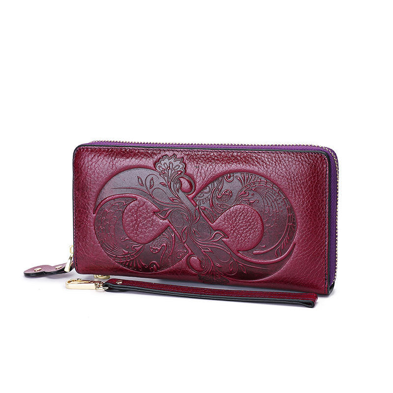 Genuine Leather Embossed Retro Cowhide Long Wallet with Convenient Wristlet Strap