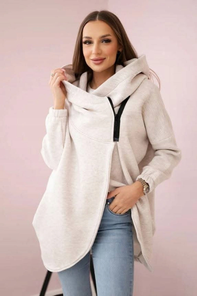 Cozy Fleece Asymmetrical Zip Hooded Casual Sweatshirt Jacket