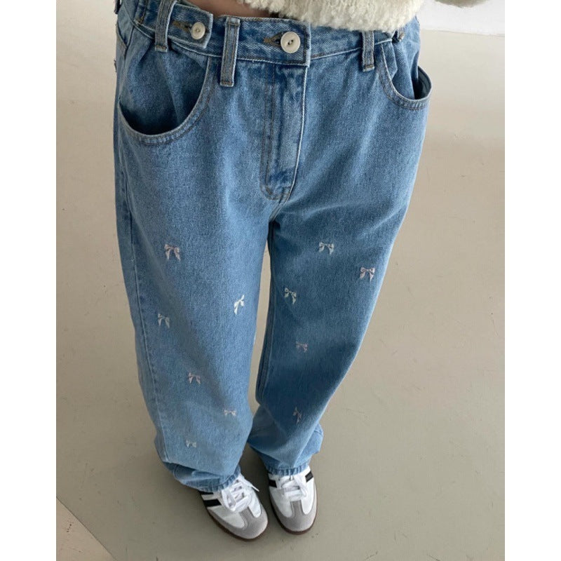 High Waist Bow Embroidered Wide Leg Jeans