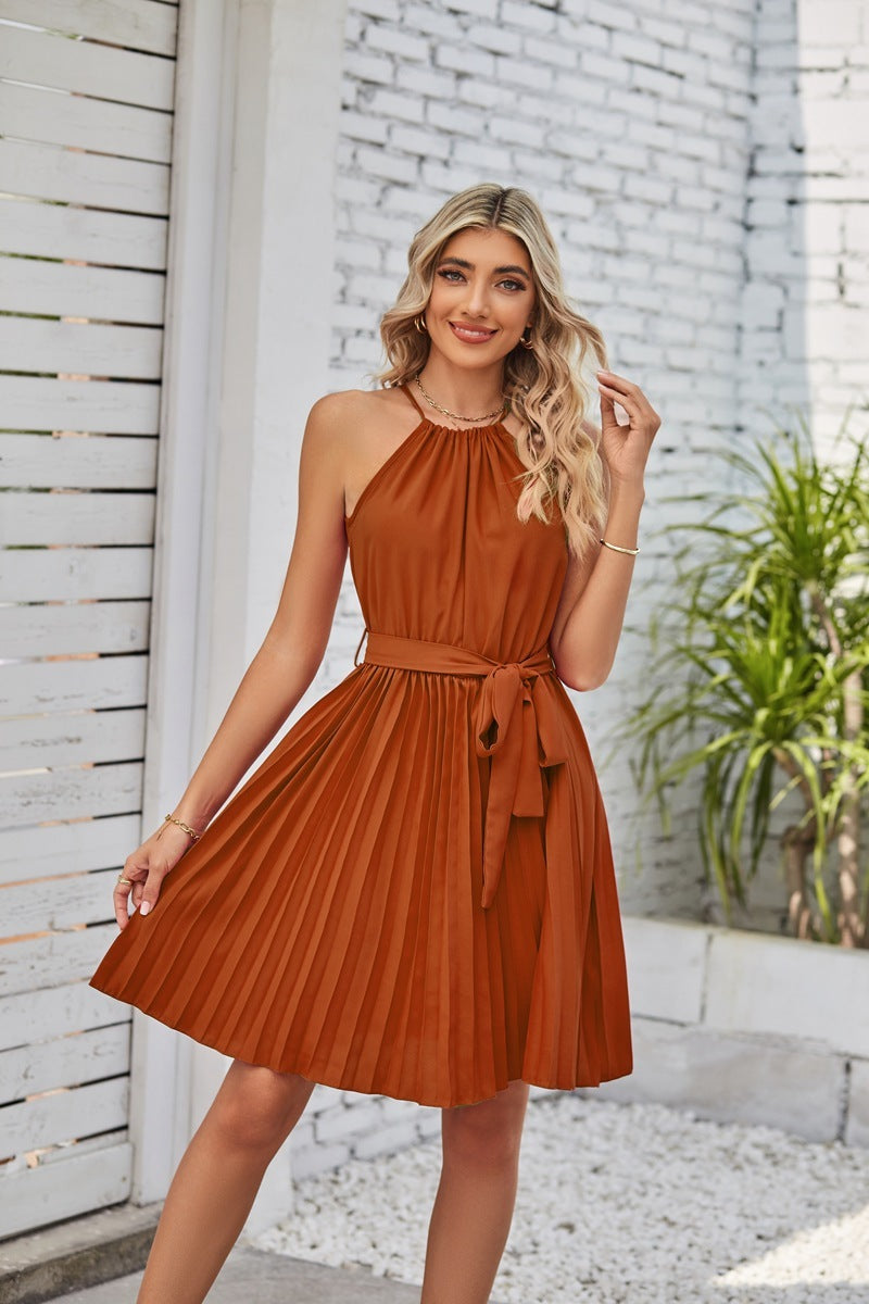 Women's Halter Pleated Dress - Lace-up Cocktail Mini