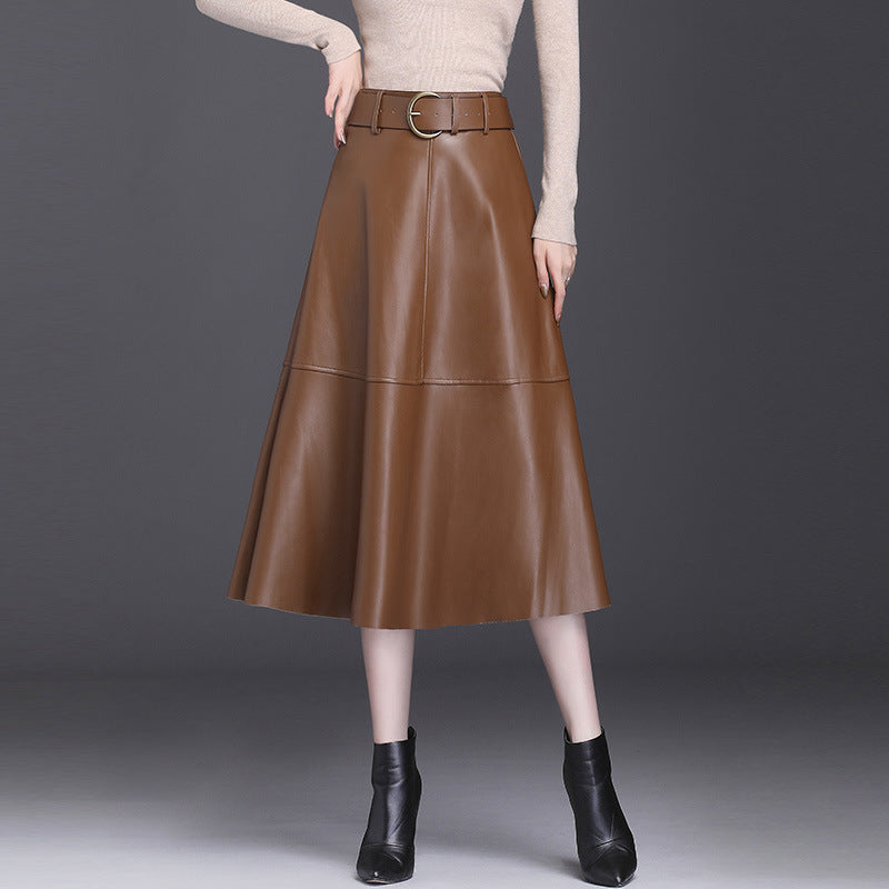 Elegant A-Line Faux Leather Midi Skirt with High Waist and Belt for Women