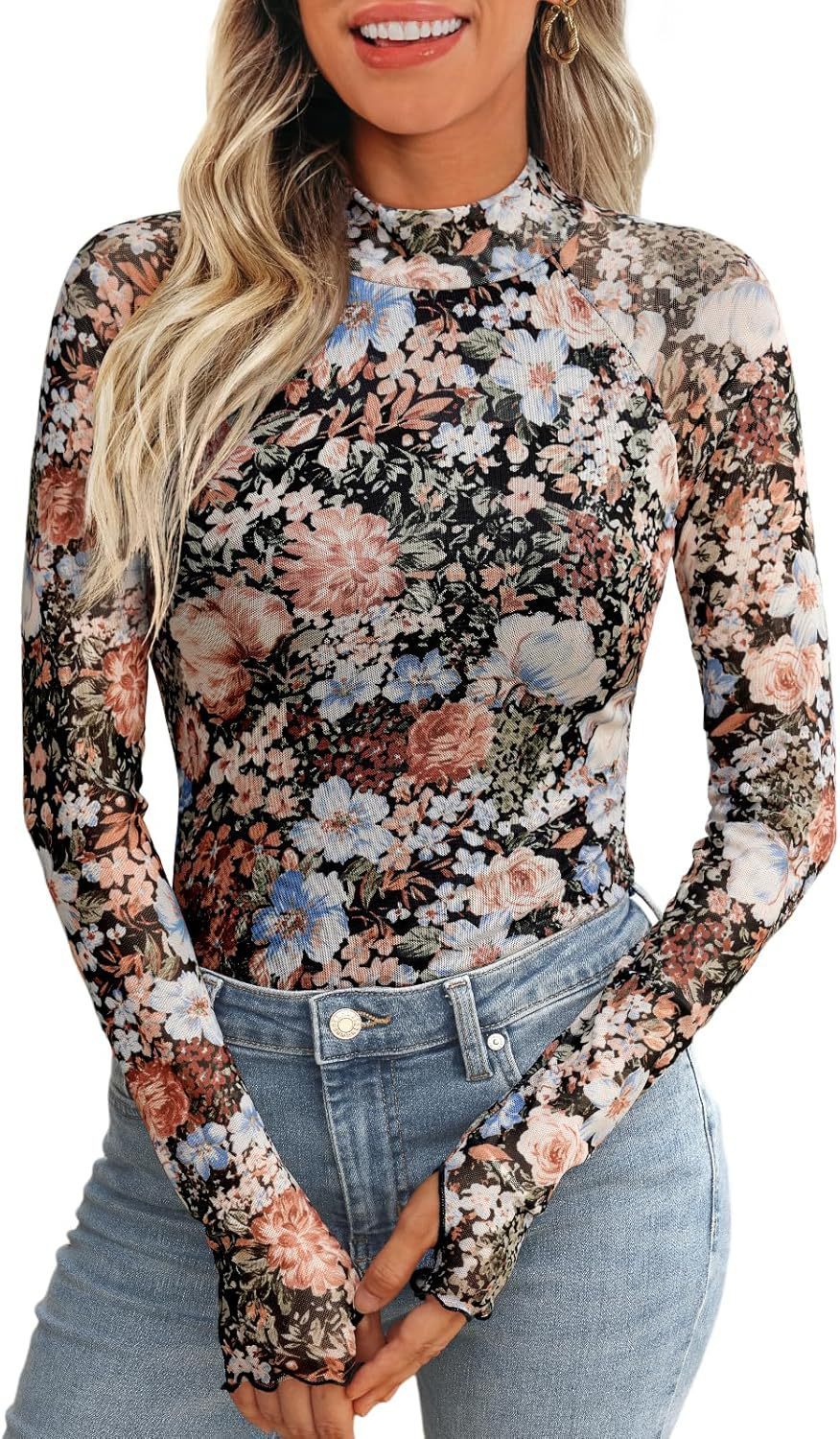 Elegant High Neck Floral Print Mesh Long Sleeve Pullover Top