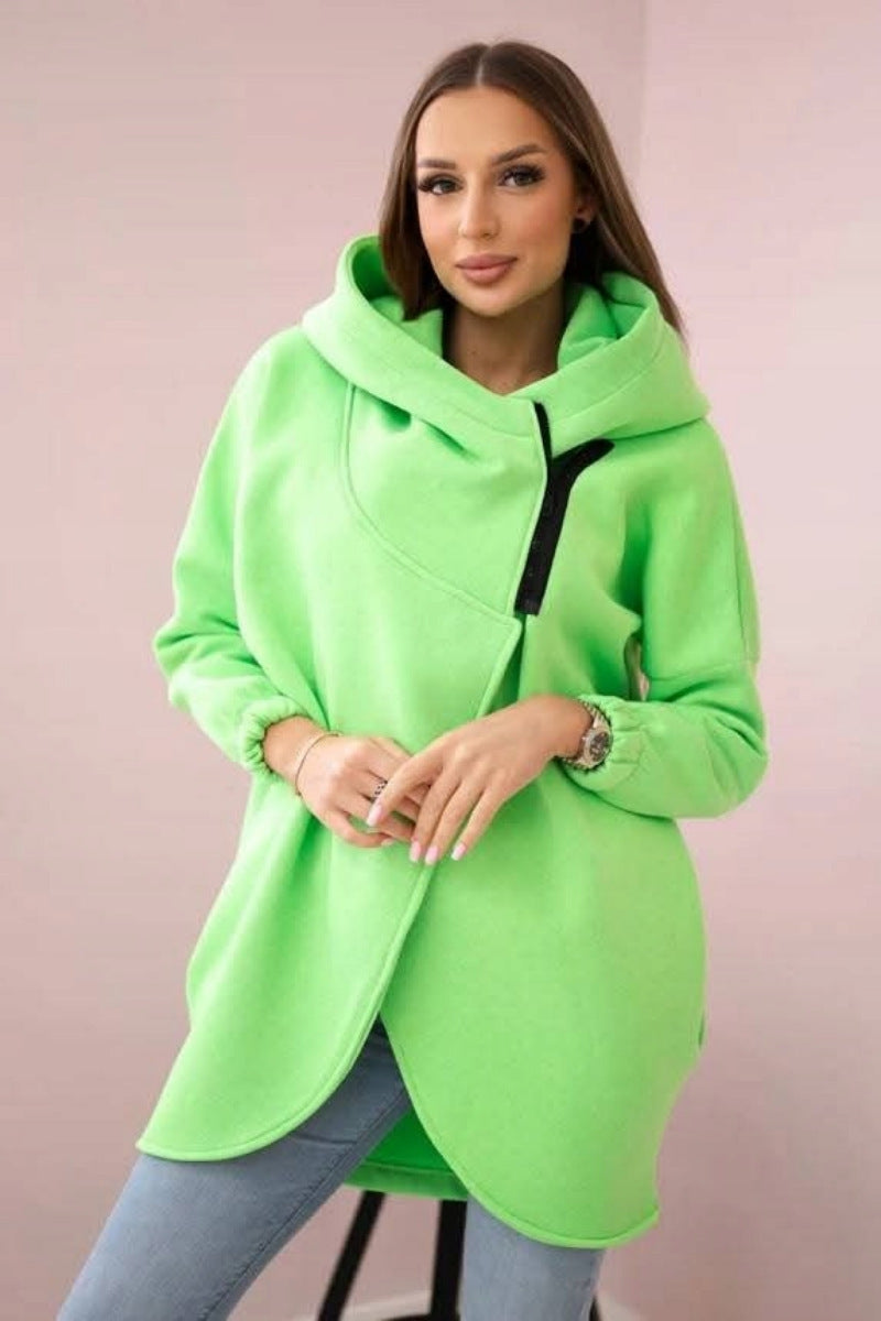 Cozy Fleece Asymmetrical Zip Hooded Casual Sweatshirt Jacket