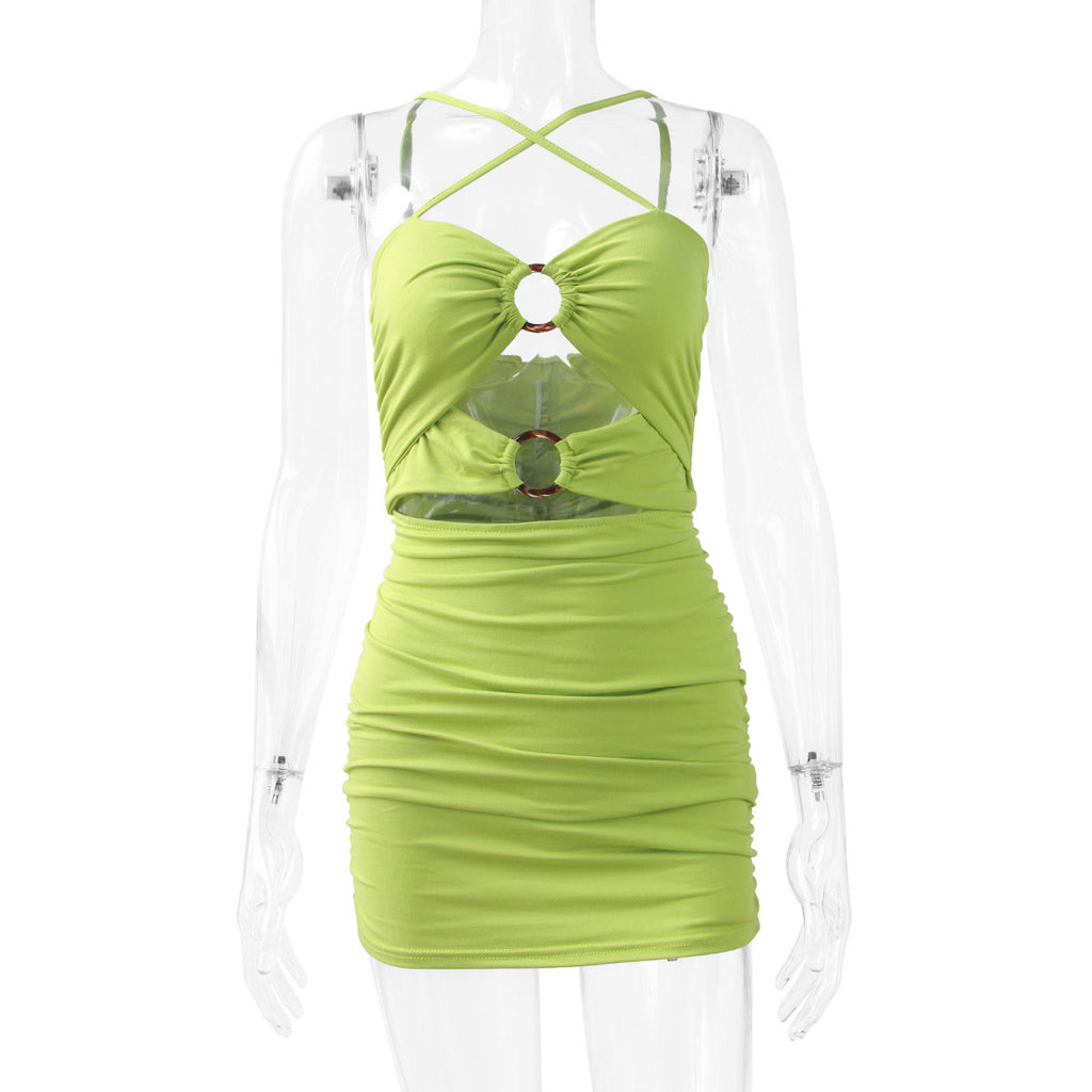 Women's Hollow Pleated Mini Bodycon Dress with O-Ring Cutouts