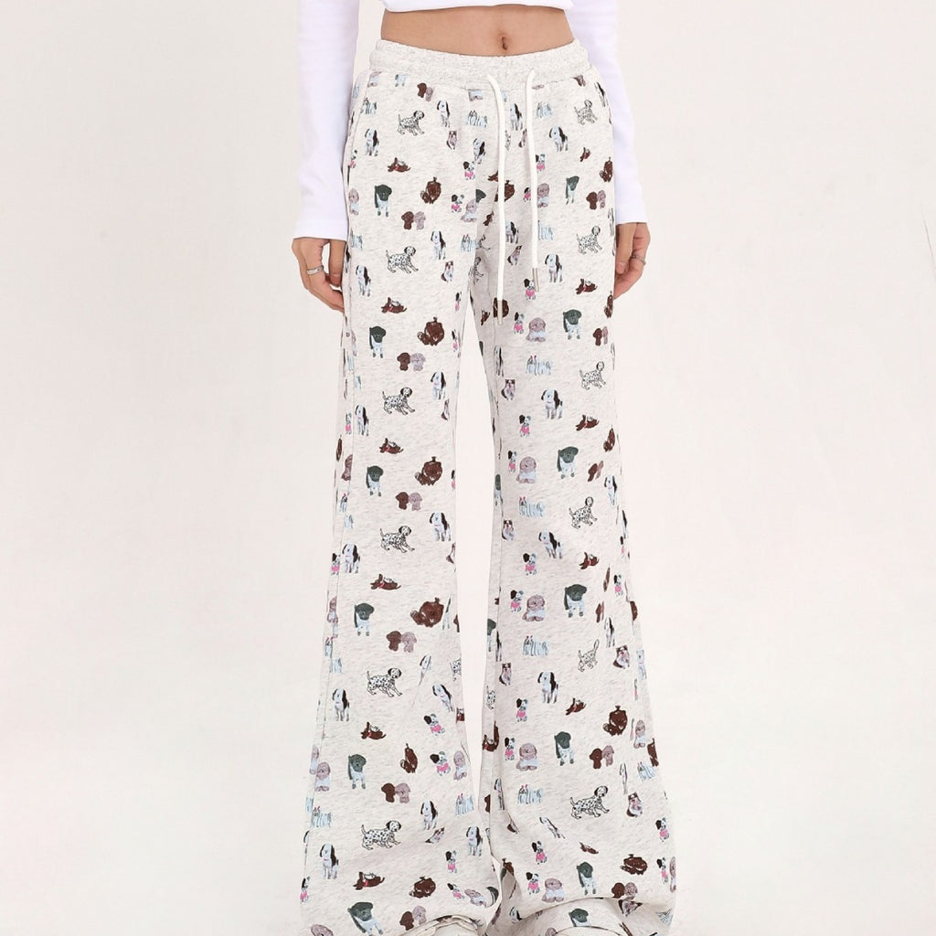 Cozy Elastic Waist Printed Cotton Sweatpants with Dog Print