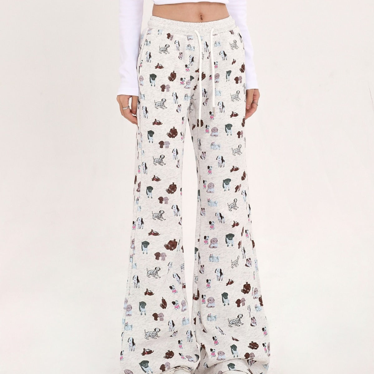 Cozy Elastic Waist Printed Cotton Sweatpants with Dog Print