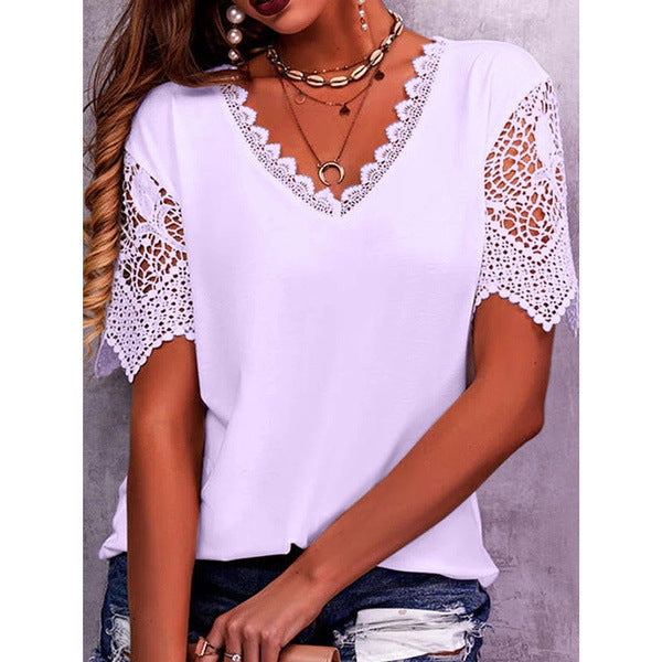 Elegant Lace V-Neck Blouse for Women - Casual Short Sleeve Summer Top