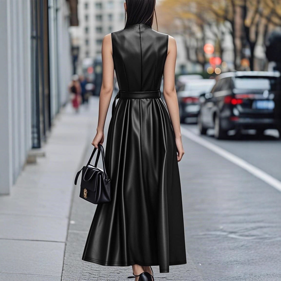 Elegant Sleeveless V-Neck Faux Leather Midi Dress with Stylish Belt