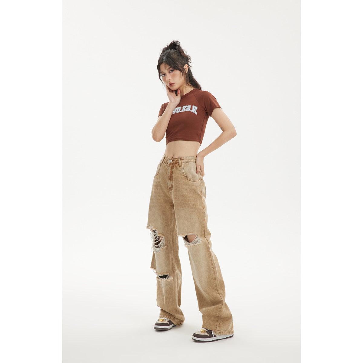 Trendy Distressed Baggy Jeans - Mid-Rise Denim