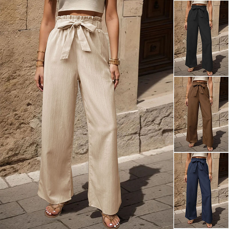 Comfortable High Waisted Paperbag Wide Leg Trousers with Tie Belt