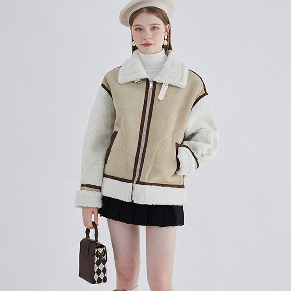 Stylish Faux Shearling Aviator Jacket Warm Integrated Fur Lining