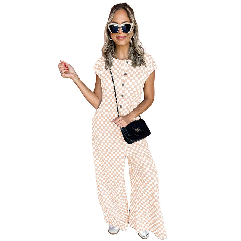 Loose Wide Leg Checkered Jumpsuit - Casual & Trendy