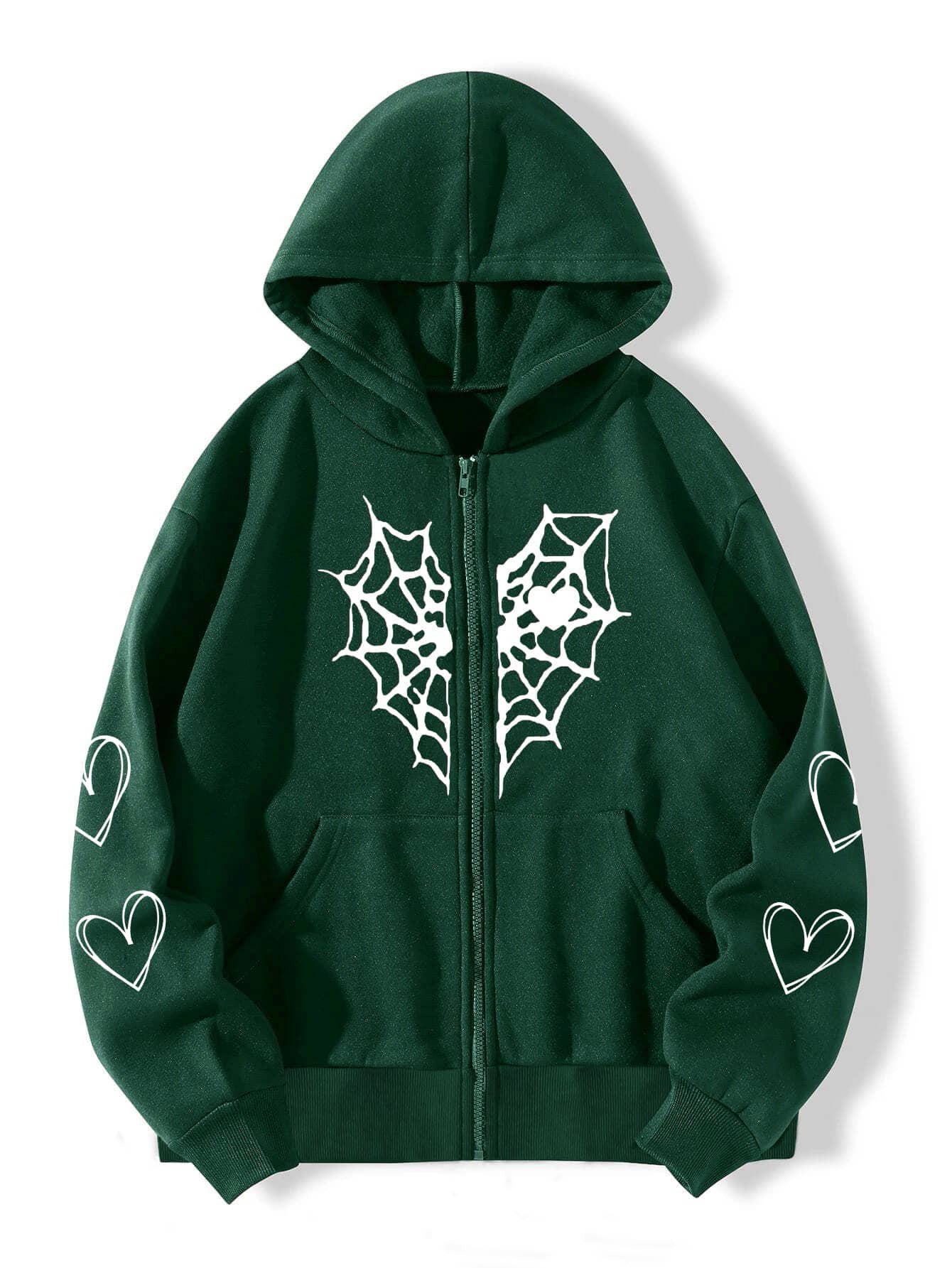 Edgy Spider Web Heart Print Oversized Full Zip Up Hoodie Sweatshirt
