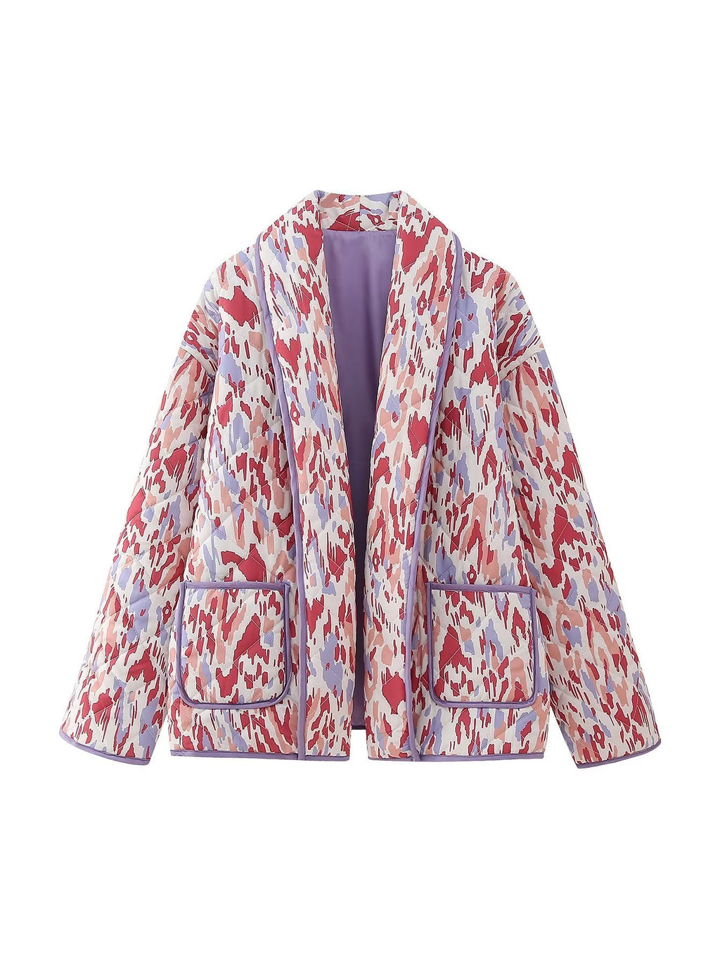 Artistic Retro Printed Quilted Jacket with Lapel Collar and Pockets