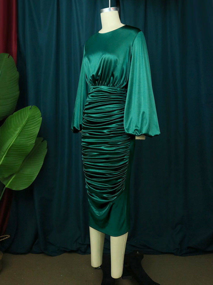 Elegant Green Ruched Midi Dress with Lantern Sleeves